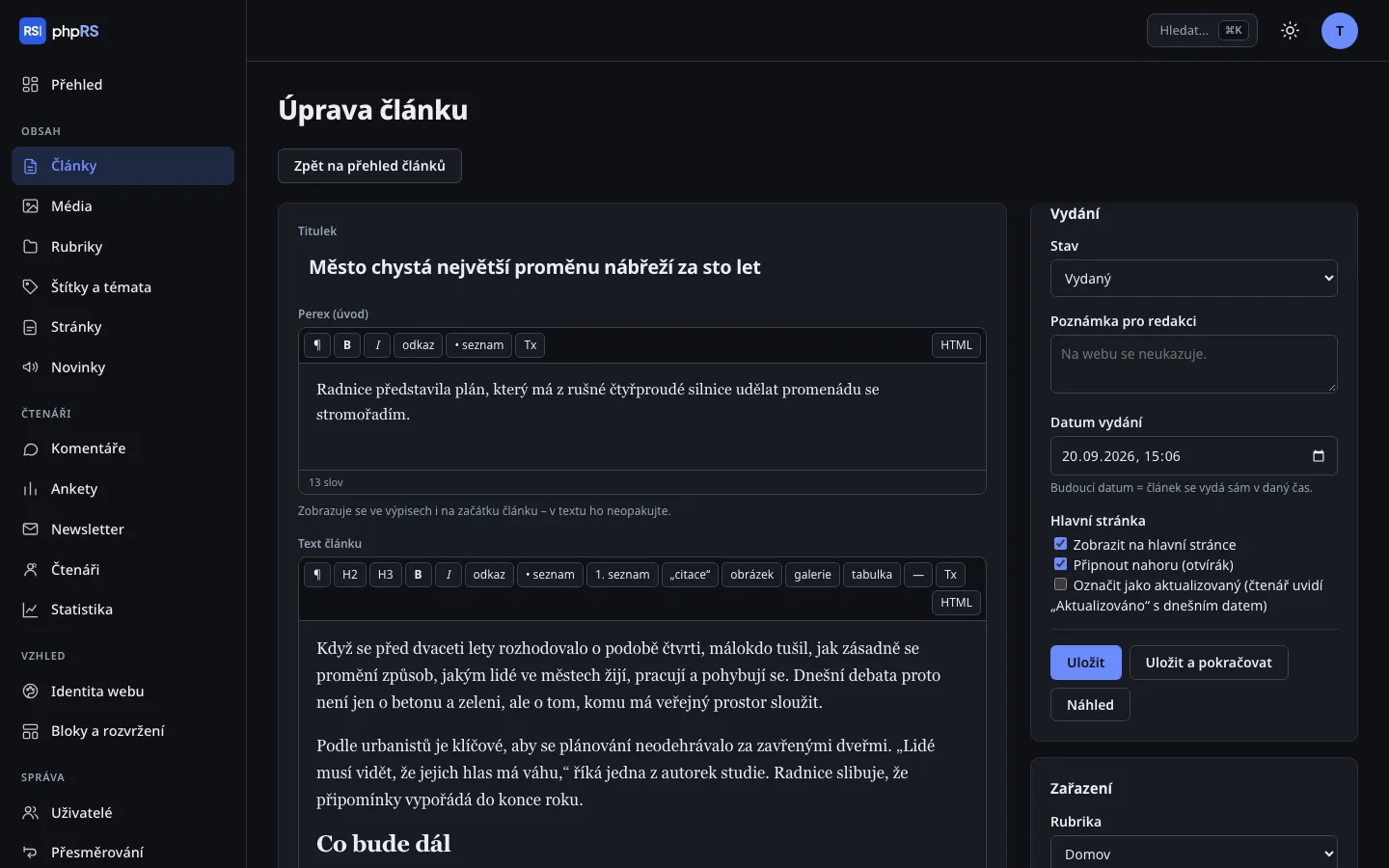 Editor článku v phpRS v tmavém režimu