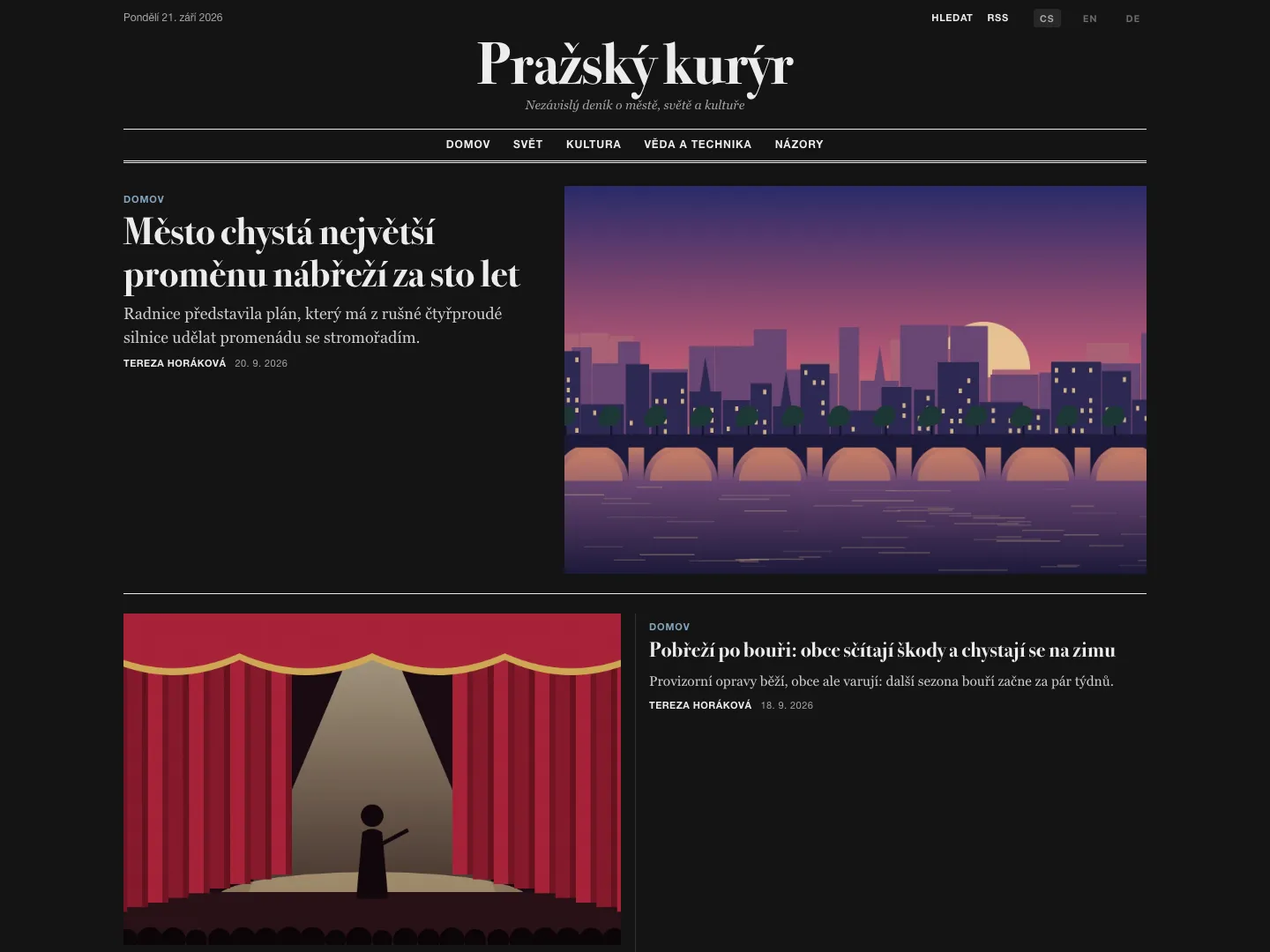 Šablona Classic Newspaper – titulní strana, tmavý režim