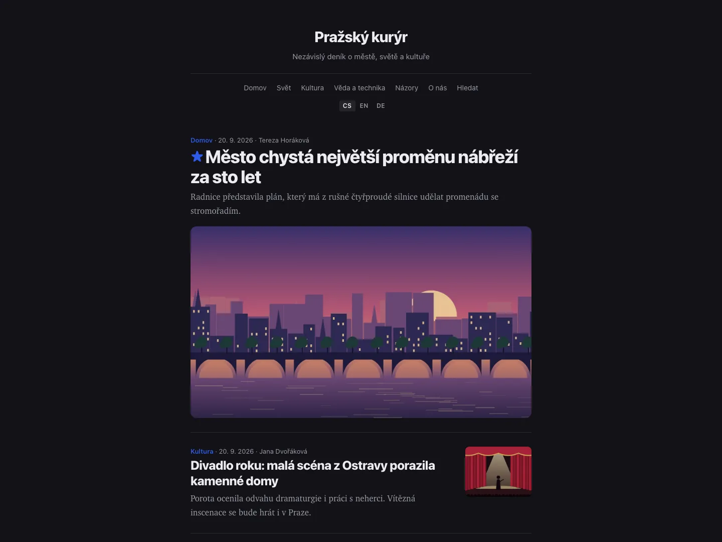 Šablona Minimal – titulní strana, tmavý režim