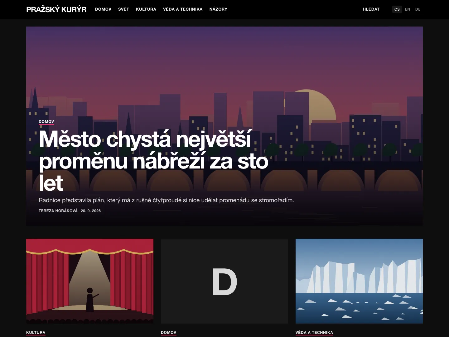 Šablona Modern Magazine – titulní strana, tmavý režim