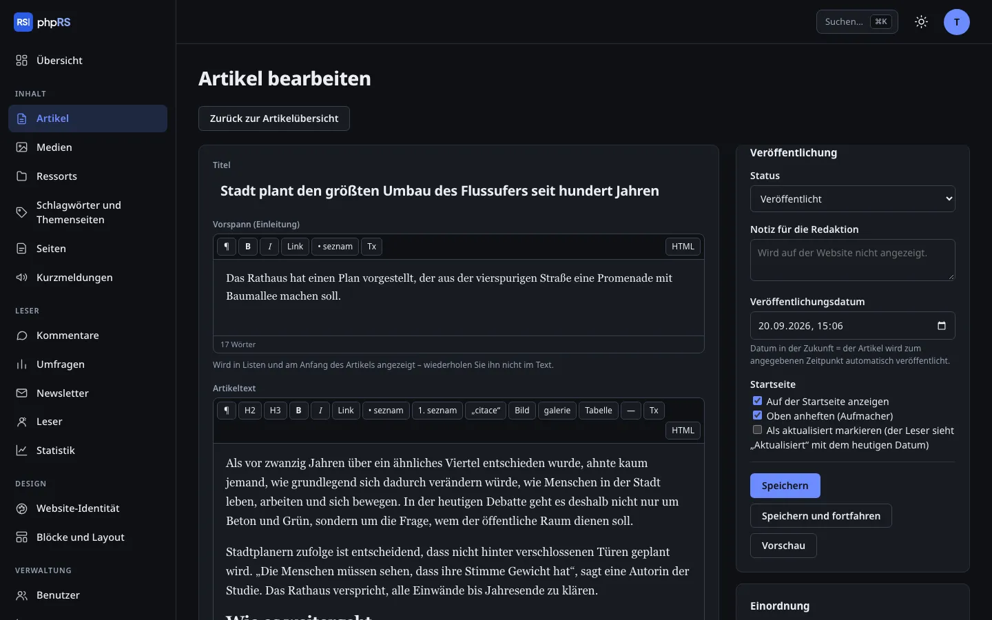 Artikeleditor in phpRS im dunklen Modus