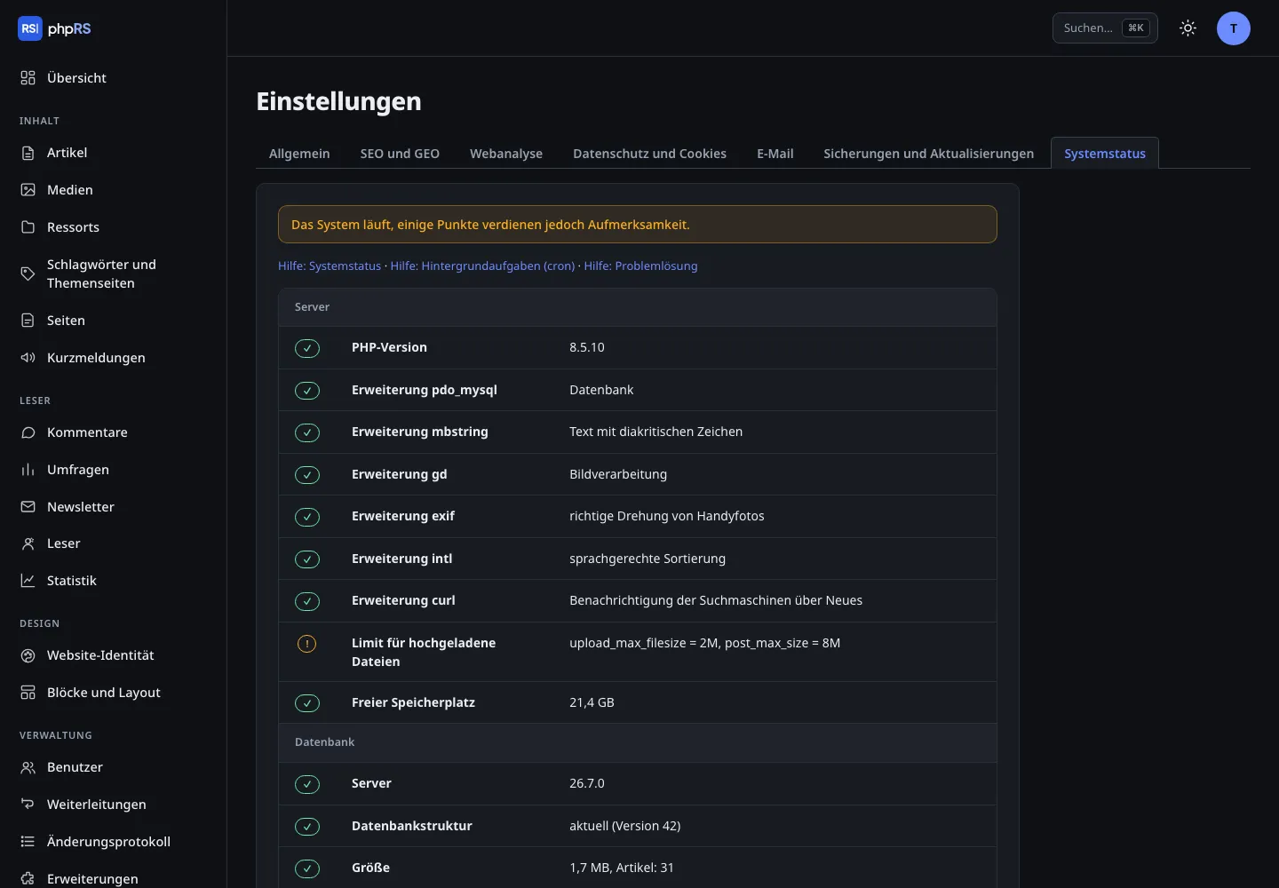Systemstatus – dunkler Modus