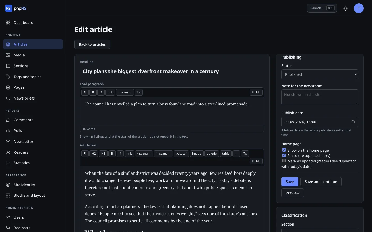 The article editor in phpRS in dark mode