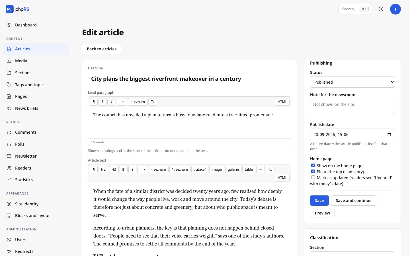 The article editor in phpRS