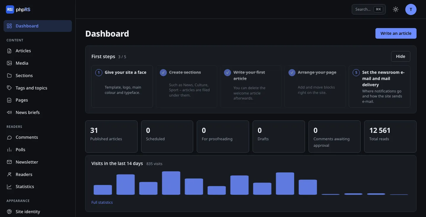 The phpRS admin dashboard in dark mode