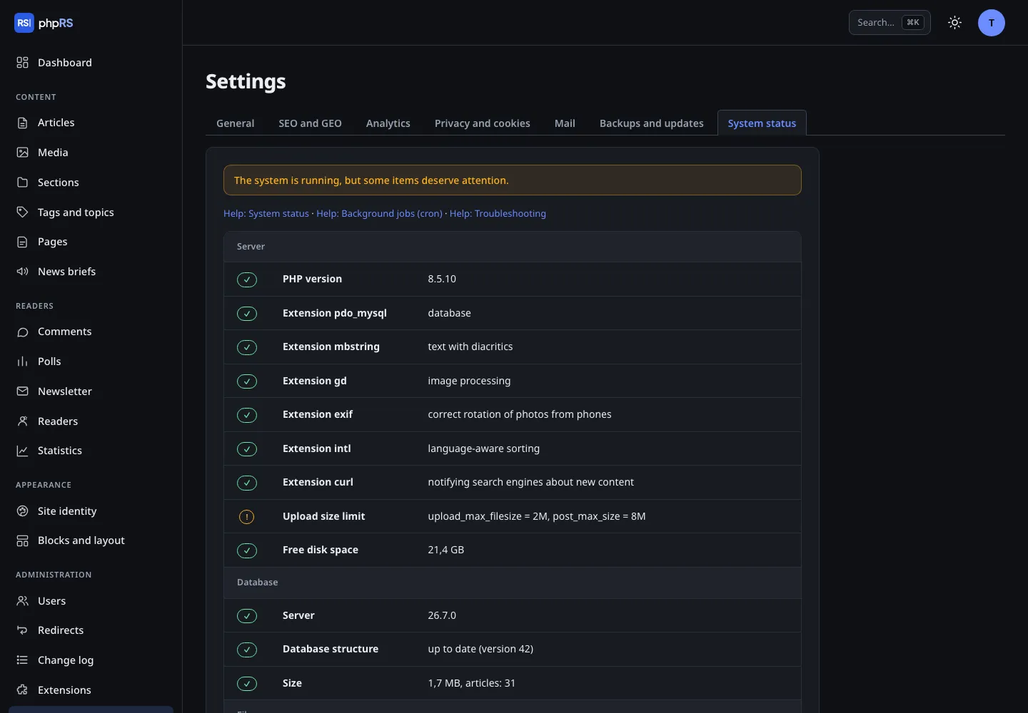 System status – dark mode