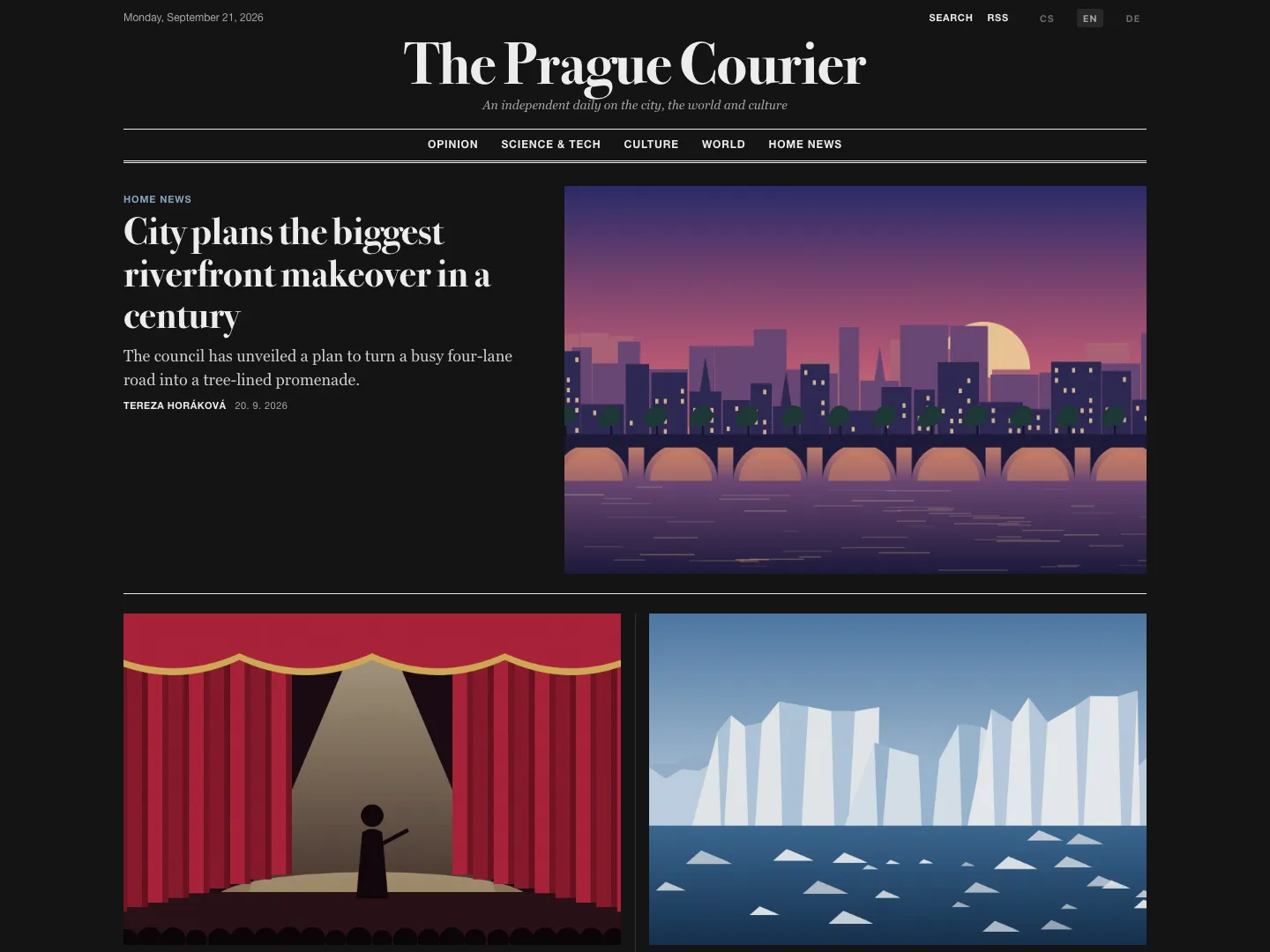 The Classic Newspaper template – front page, dark mode