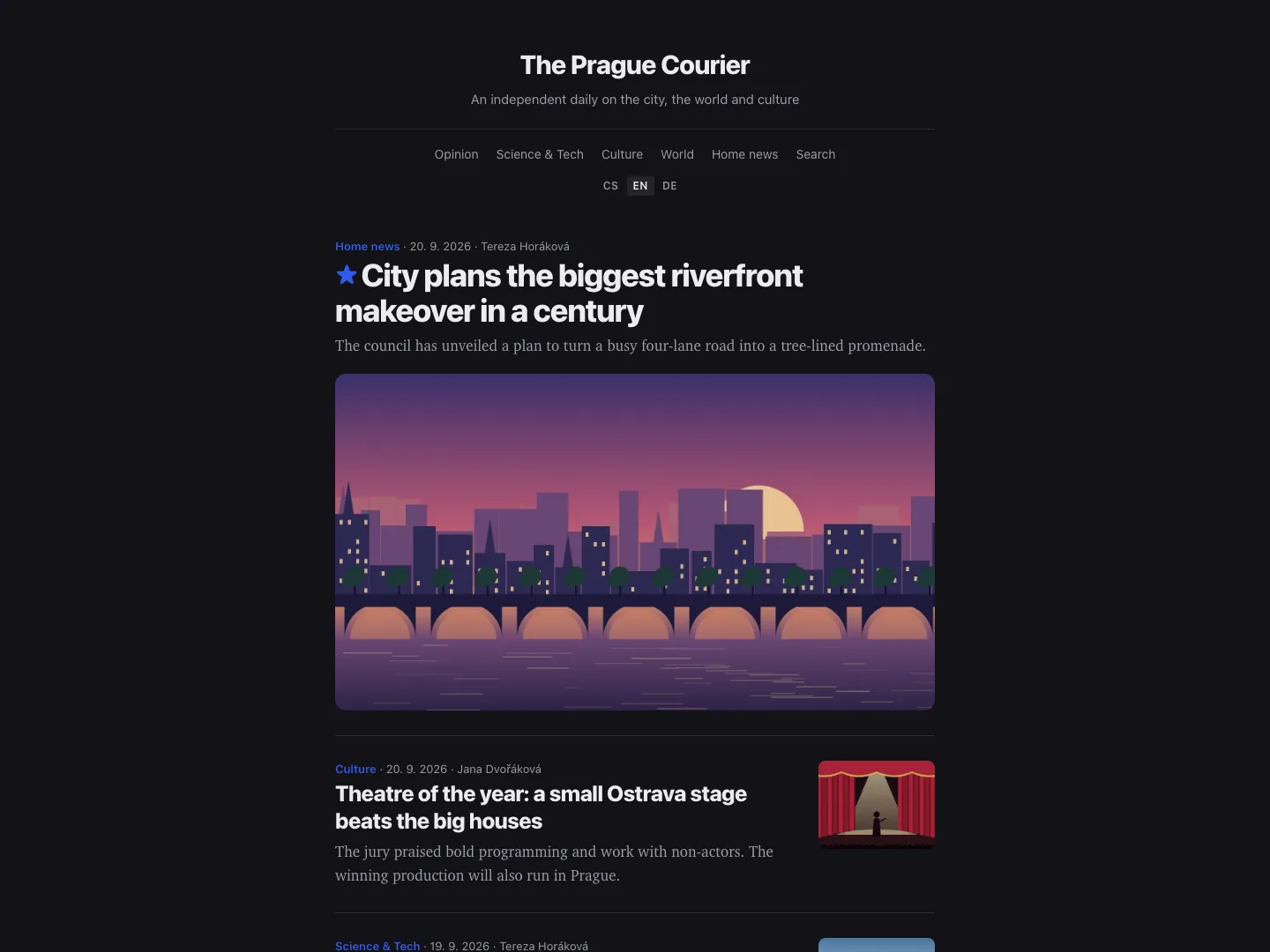 The Minimal template – front page, dark mode