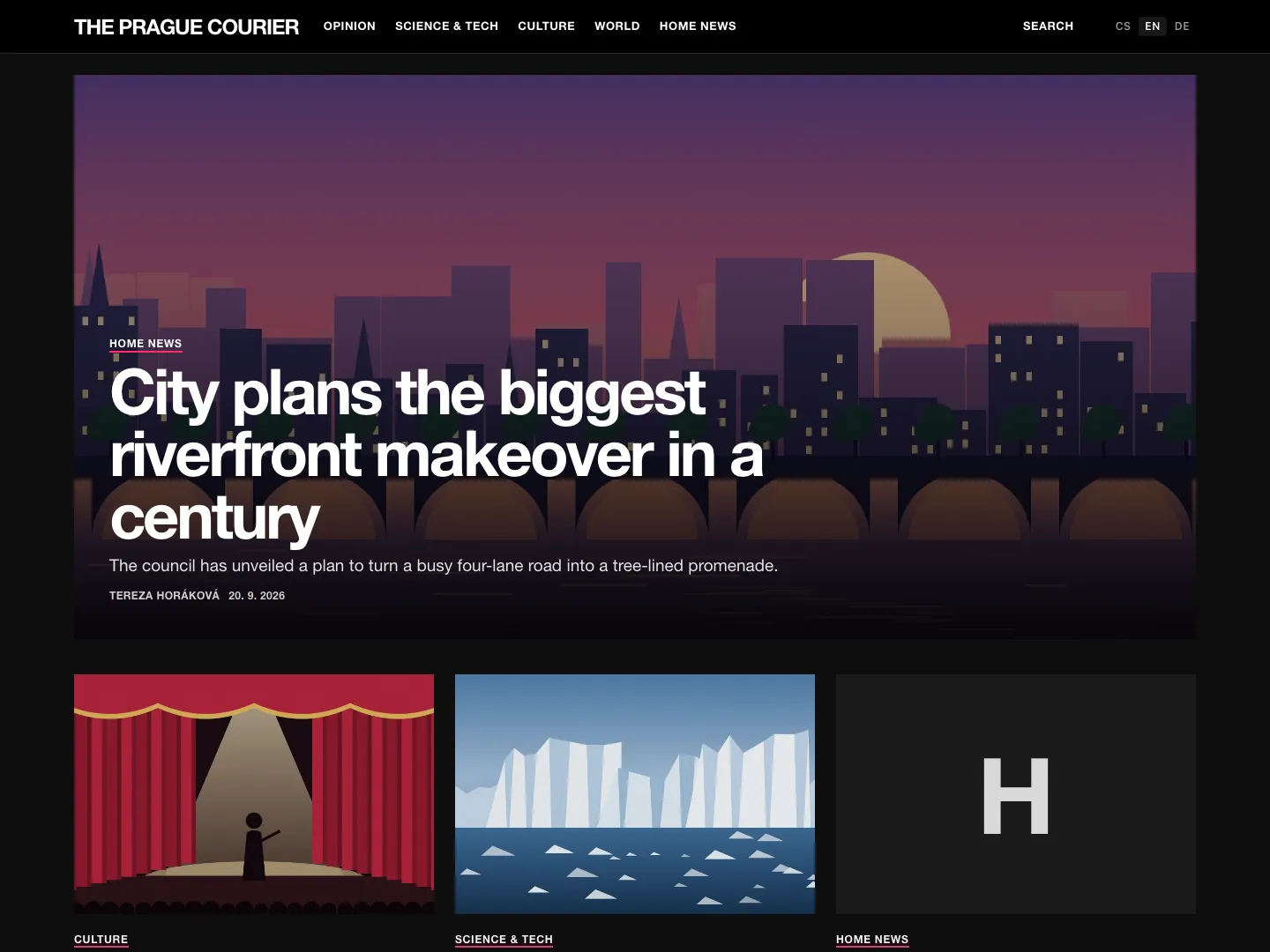 The Modern Magazine template – front page, dark mode